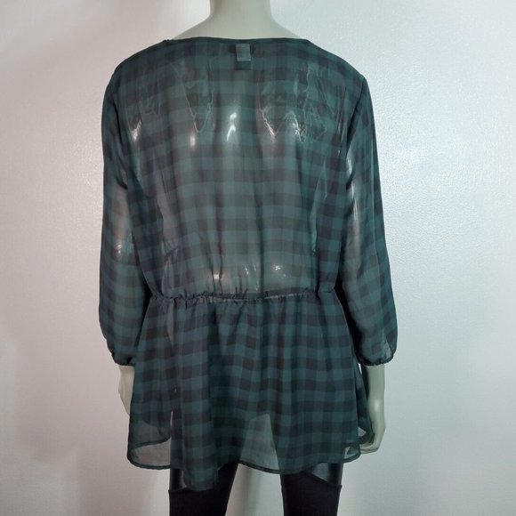 Torrid‎ Gingham Chiffon Surplice Peplum Blouse Plus Sz 1X Sheer 3/4 Sleeve Green - Picture 4 of 6